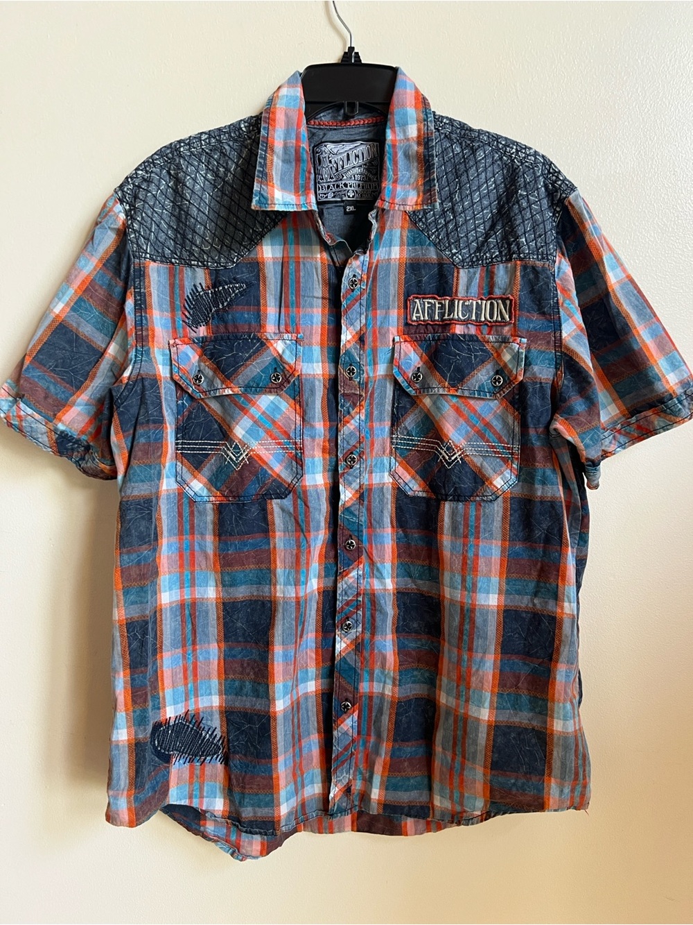Affliction Men’s Short Sleeve Plaid Shirt in Blue with distressed patching